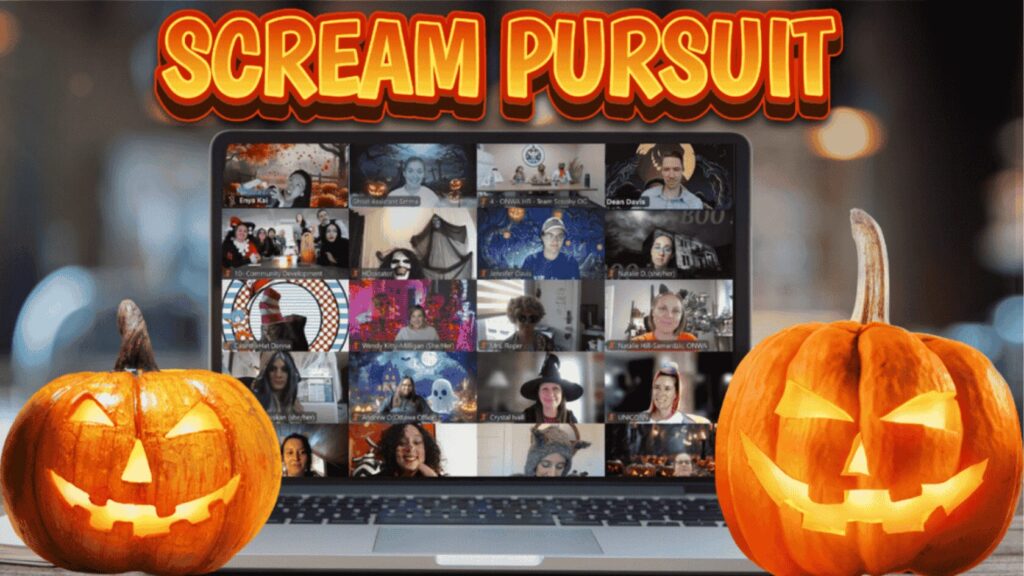Virtual teams meeting with pumpkins